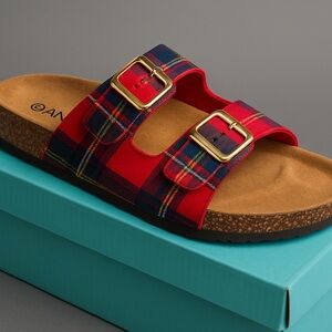 RED Flannel Double Buckle Cork Slide Sandals
